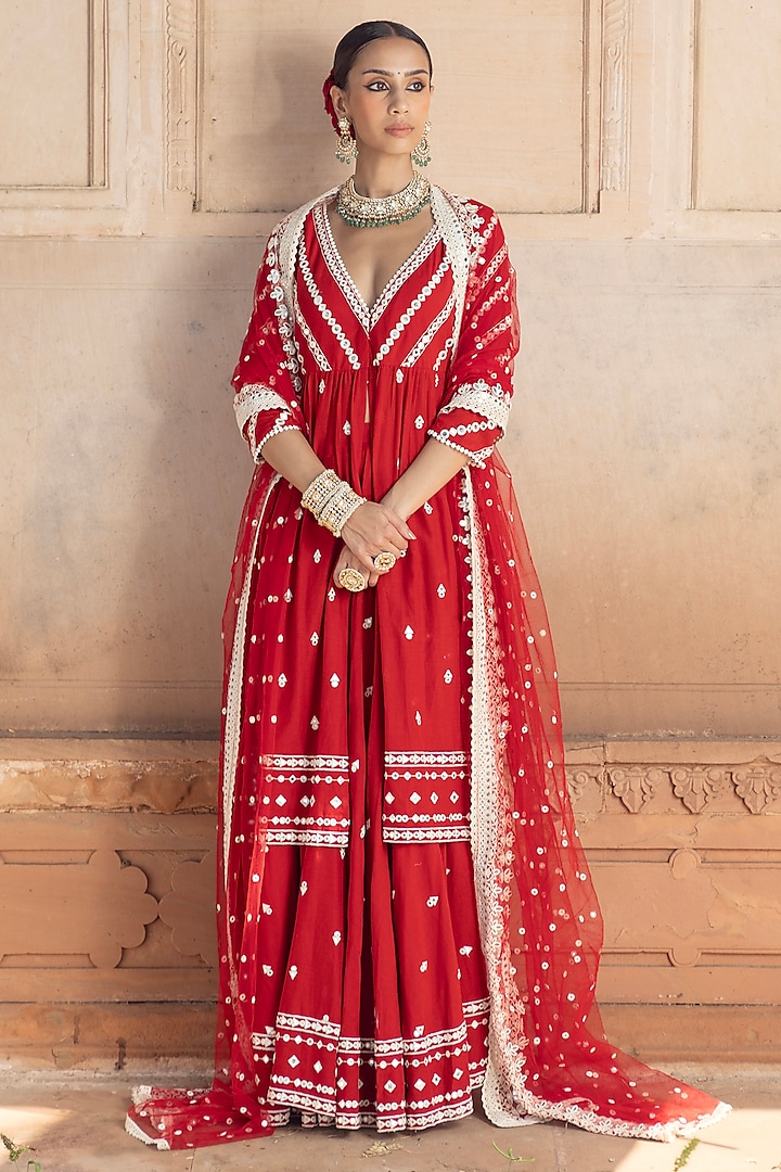 Red Cotton Mulmul Mirror & Thread Embroidered Lehenga Set by PREEVIN at Pernia's Pop Up Shop