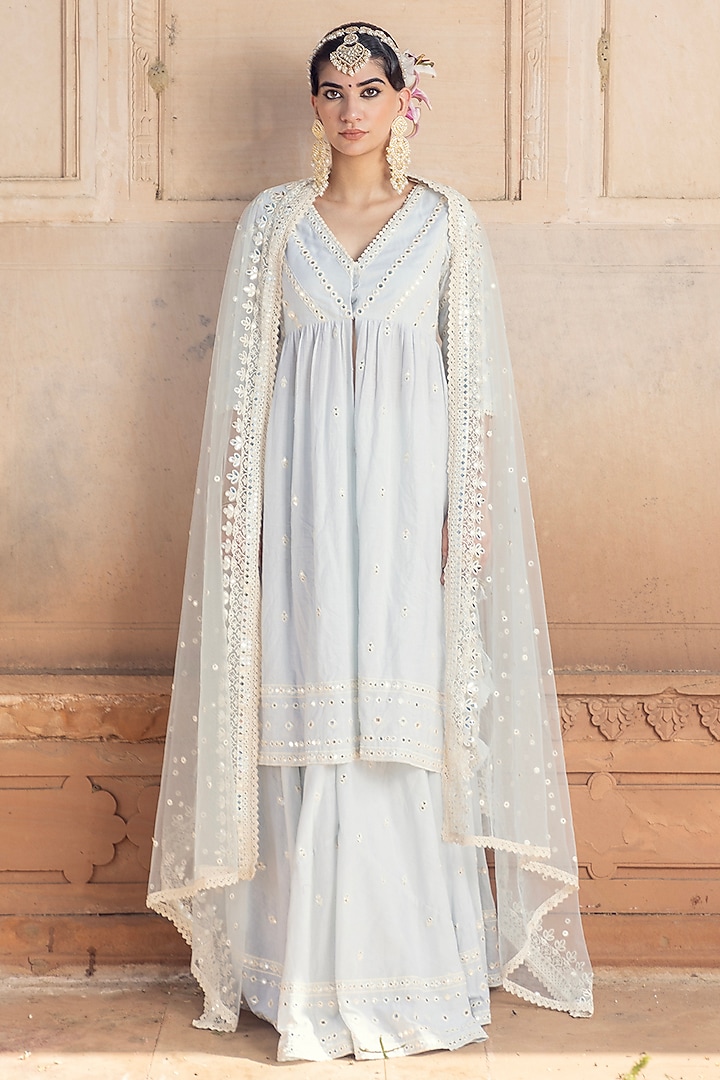 Ice Blue Cotton Mulmul Mirror & Thread Embroidered Lehenga Set by PREEVIN at Pernia's Pop Up Shop