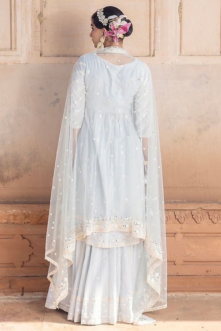 Ice Blue Cotton Mulmul Mirror & Thread Embroidered Lehenga Set by PREEVIN at Pernia's Pop Up Shop