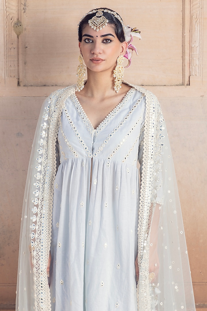 Ice Blue Cotton Mulmul Mirror & Thread Embroidered Lehenga Set by PREEVIN at Pernia's Pop Up Shop