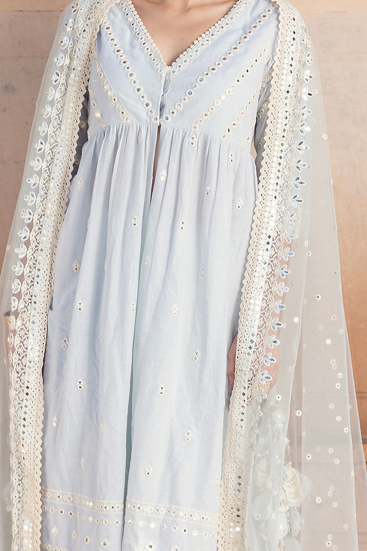 Ice Blue Cotton Mulmul Mirror & Thread Embroidered Lehenga Set by PREEVIN at Pernia's Pop Up Shop