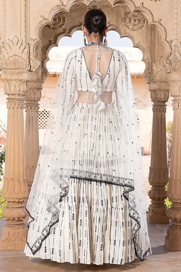 Black & White Cotton Mulmul Mirror & Thread Embroidered Lehenga Set by PREEVIN at Pernia's Pop Up Shop