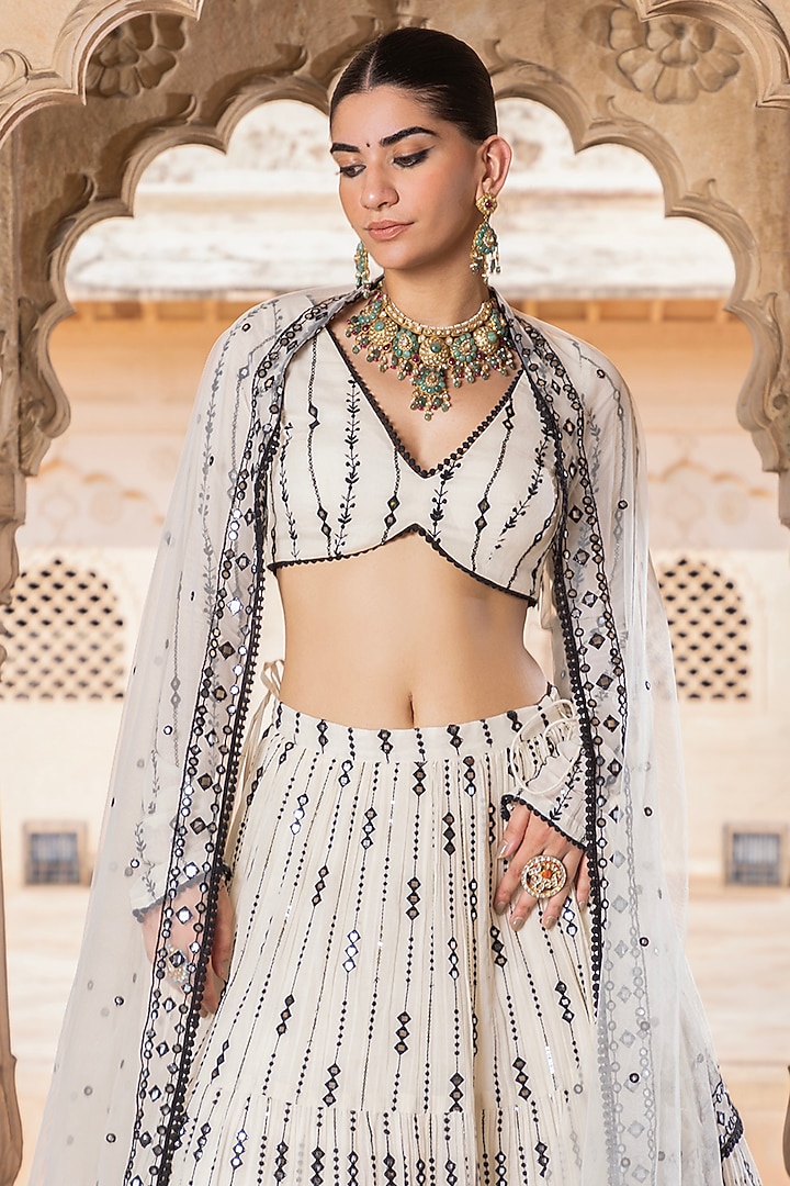 Black & White Cotton Mulmul Mirror & Thread Embroidered Lehenga Set by PREEVIN at Pernia's Pop Up Shop