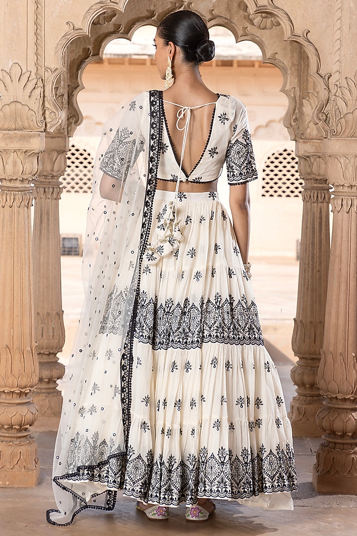 Black & White Cotton Mulmul Mirror & Thread Embroidered Wedding Lehenga Set by PREEVIN at Pernia's Pop Up Shop