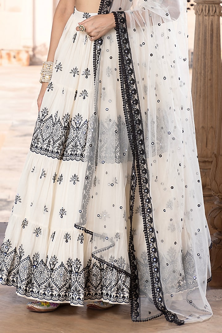 Black & White Cotton Mulmul Mirror & Thread Embroidered Wedding Lehenga Set by PREEVIN at Pernia's Pop Up Shop