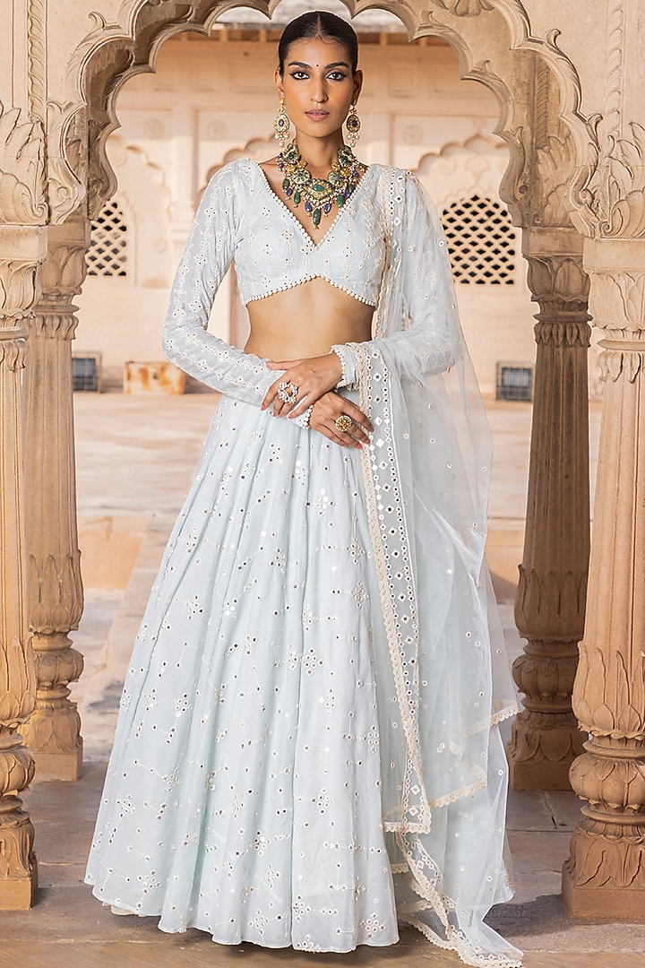 Ice Blue Cotton Mulmul Thread & Mirror Embroidered Lehenga Set by PREEVIN at Pernia's Pop Up Shop