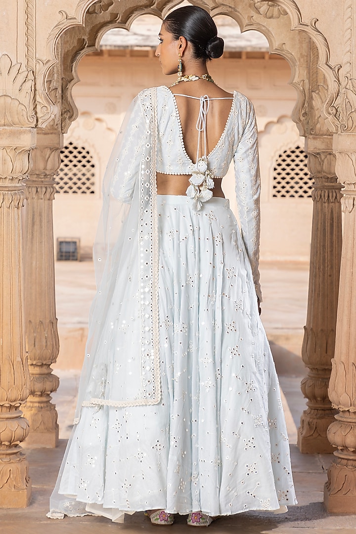 Ice Blue Cotton Mulmul Thread & Mirror Embroidered Lehenga Set by PREEVIN at Pernia's Pop Up Shop