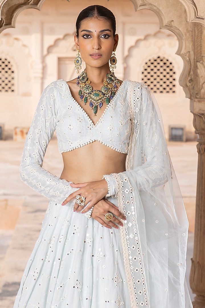 Ice Blue Cotton Mulmul Thread & Mirror Embroidered Lehenga Set by PREEVIN at Pernia's Pop Up Shop