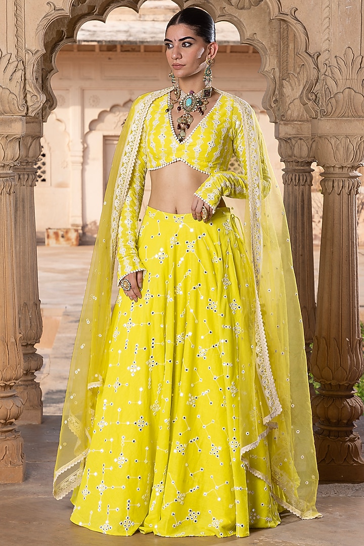 Neon Green Cotton Mulmul Thread & Mirror Embroidered Lehenga Set by PREEVIN at Pernia's Pop Up Shop