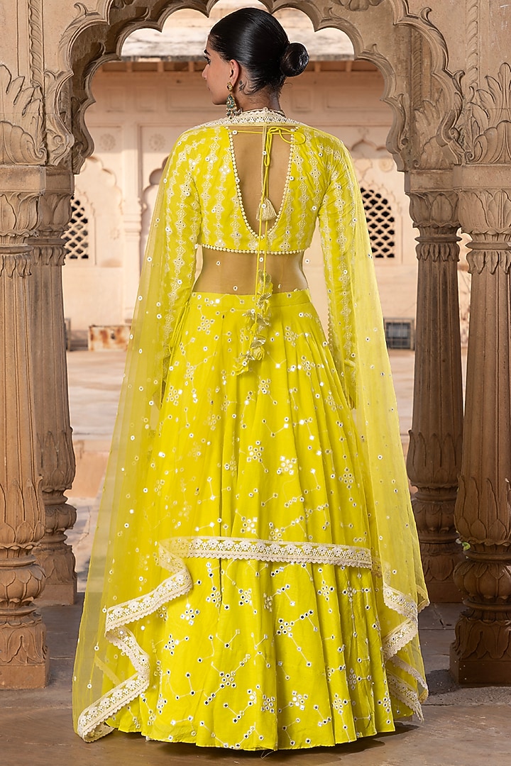 Neon Green Cotton Mulmul Thread & Mirror Embroidered Lehenga Set by PREEVIN at Pernia's Pop Up Shop