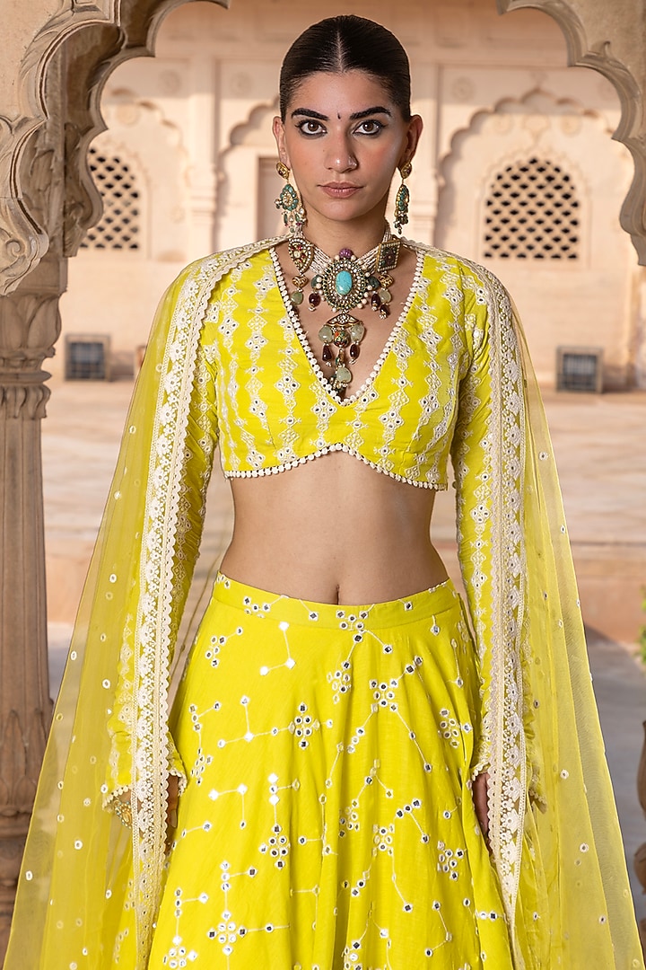 Neon Green Cotton Mulmul Thread & Mirror Embroidered Lehenga Set by PREEVIN at Pernia's Pop Up Shop