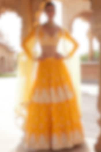 Mango Yellow Cotton Mulmul Thread & Mirror Embroidered Lehenga Set by PREEVIN at Pernia's Pop Up Shop