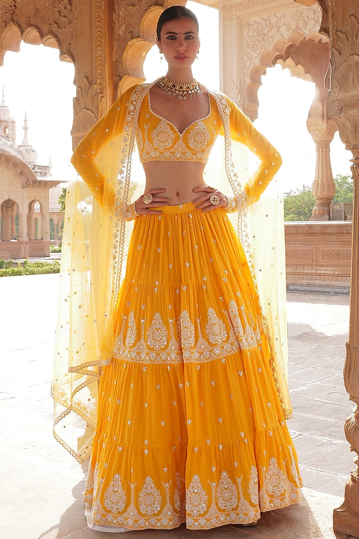 Mango Yellow Cotton Mulmul Thread & Mirror Embroidered Lehenga Set by PREEVIN at Pernia's Pop Up Shop