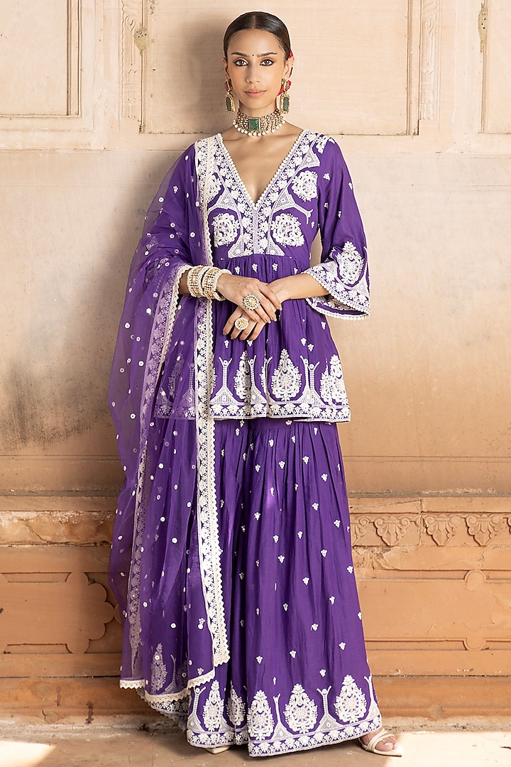 Purple Cotton Mulmul Thread Embroidered Sharara Set by PREEVIN at Pernia's Pop Up Shop