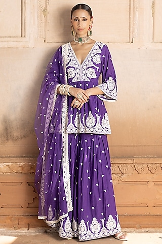 Purple Cotton Mulmul Thread Embroidered Sharara Set by PREEVIN