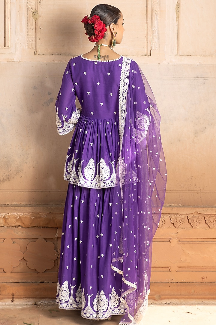 Purple Cotton Mulmul Thread Embroidered Party Wear Sharara Set by PREEVIN at Pernia's Pop Up Shop