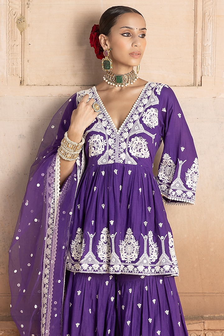 Purple Cotton Mulmul Thread Embroidered Party Wear Sharara Set by PREEVIN at Pernia's Pop Up Shop
