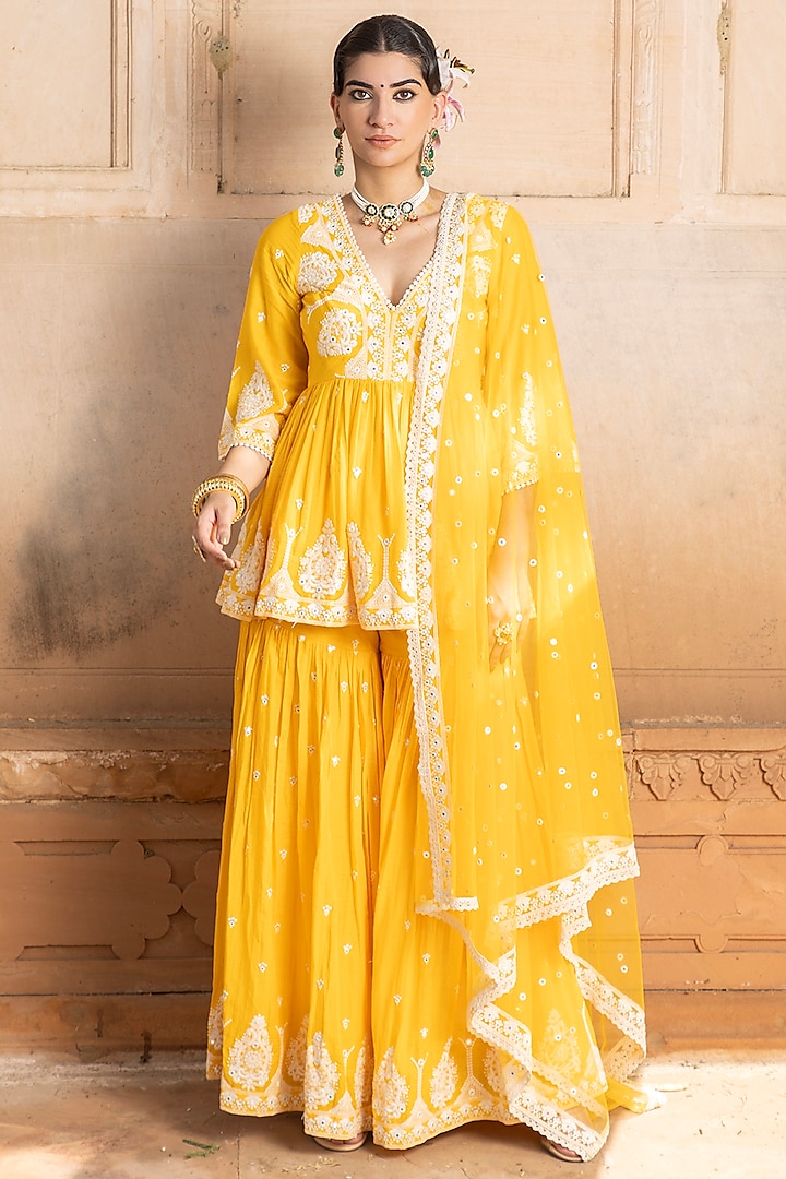 Mango Yellow Cotton Mulmul Thread Embroidered Sharara Set by PREEVIN at Pernia's Pop Up Shop