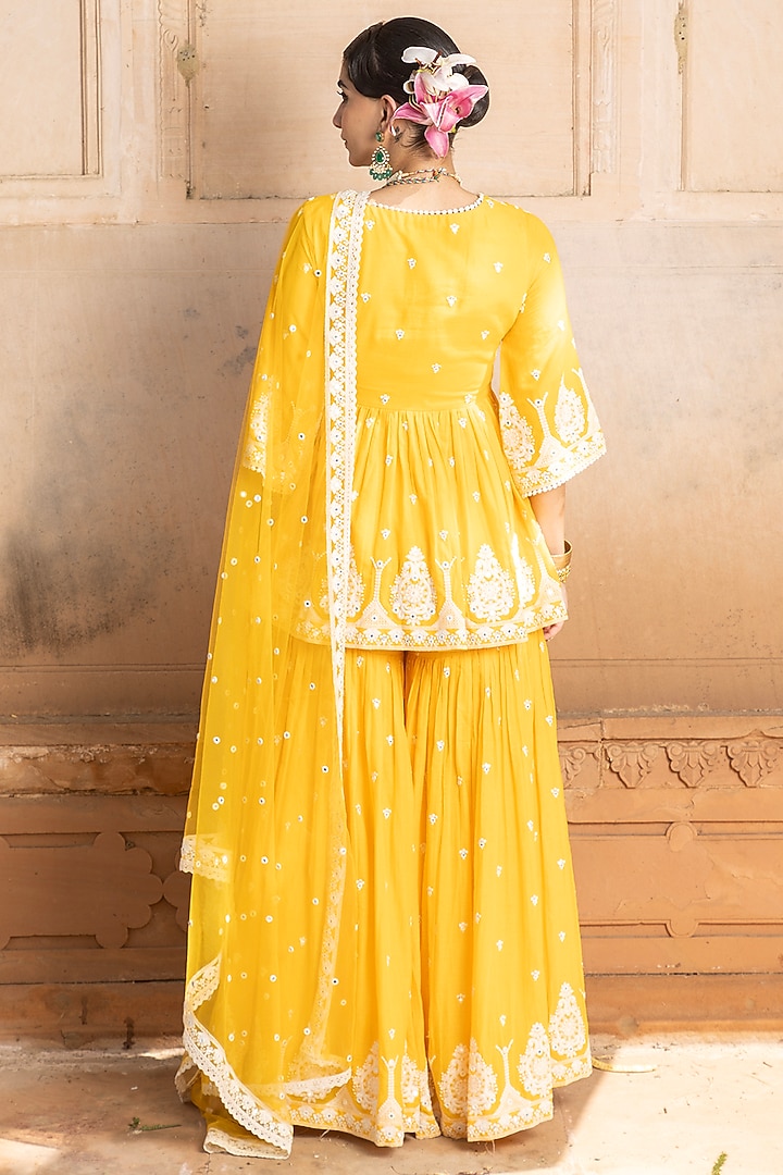 Mango Yellow Cotton Mulmul Thread Embroidered Party Wear Sharara Set by PREEVIN at Pernia's Pop Up Shop