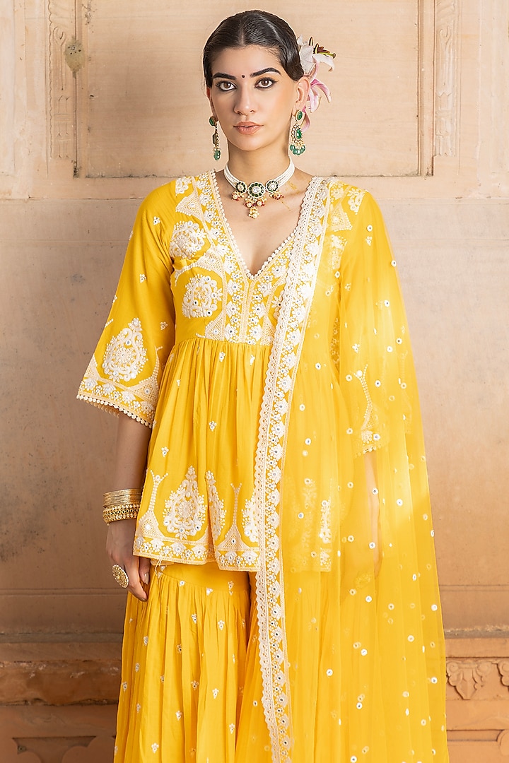 Mango Yellow Cotton Mulmul Thread Embroidered Party Wear Sharara Set by PREEVIN at Pernia's Pop Up Shop