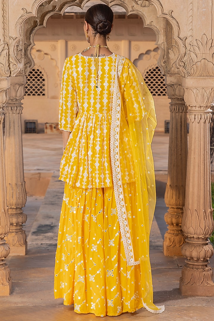 Mango Yellow Cotton Mulmul Thread Embroidered Party Wear Sharara Set by PREEVIN at Pernia's Pop Up Shop