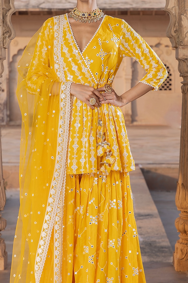 Mango Yellow Cotton Mulmul Thread Embroidered Party Wear Sharara Set by PREEVIN at Pernia's Pop Up Shop
