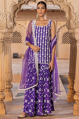 Purple Cotton Mulmul Thread Embroidered Sharara Set by PREEVIN