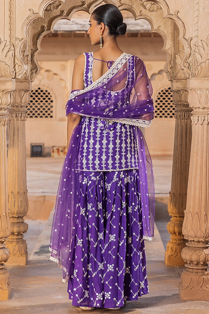 Purple Cotton Mulmul Thread Embroidered Party Wear Sharara Set by PREEVIN at Pernia's Pop Up Shop