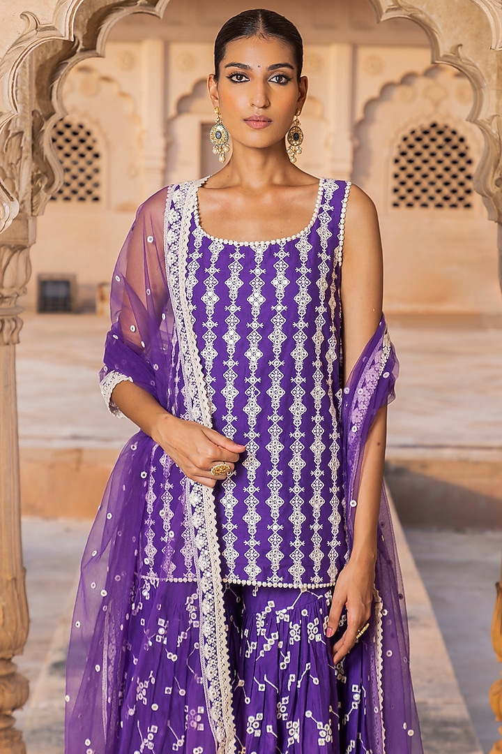 Purple Cotton Mulmul Thread Embroidered Party Wear Sharara Set by PREEVIN at Pernia's Pop Up Shop