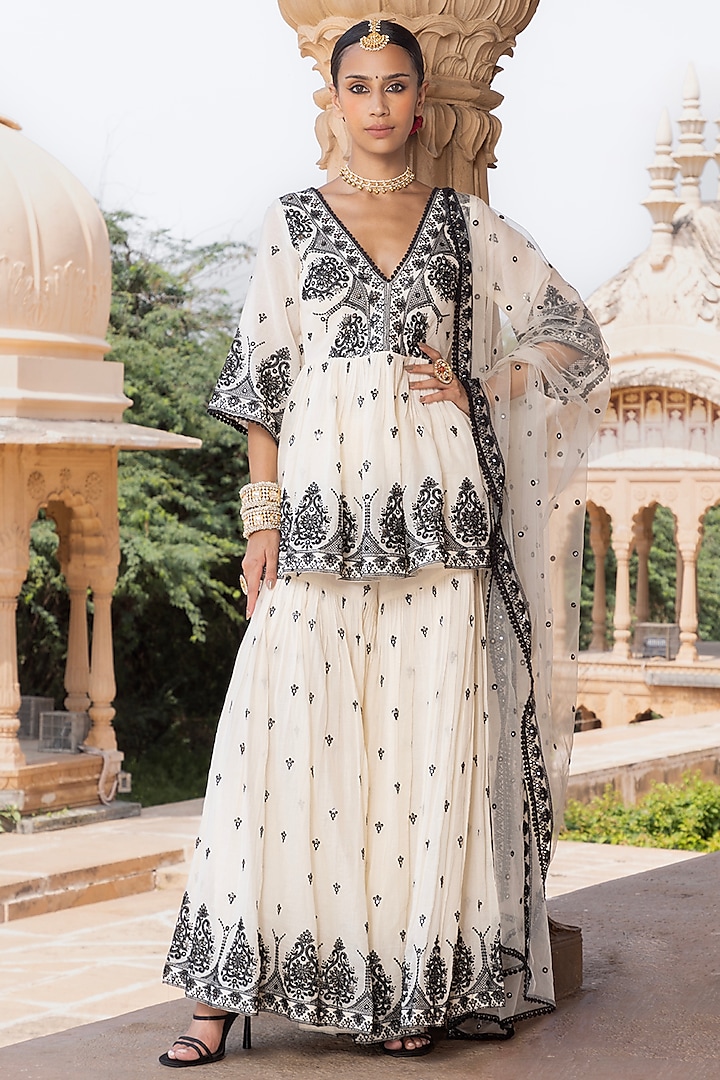 Black & White Cotton Mulmul Thread Embroidered Sharara Set by PREEVIN at Pernia's Pop Up Shop