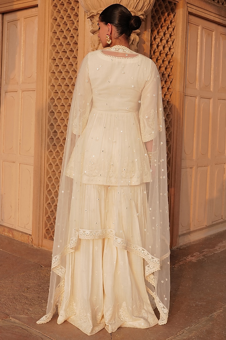 Off-White Cotton Mulmul Thread Embroidered Party Wear Sharara Set by PREEVIN at Pernia's Pop Up Shop