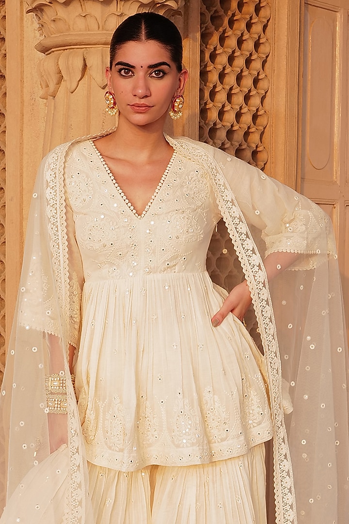 Off-White Cotton Mulmul Thread Embroidered Party Wear Sharara Set by PREEVIN at Pernia's Pop Up Shop