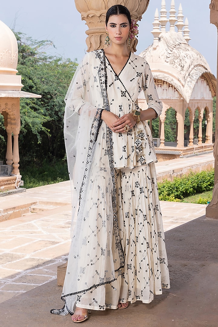 Black & White Cotton Mulmul Thread Embroidered Sharara Set by PREEVIN at Pernia's Pop Up Shop