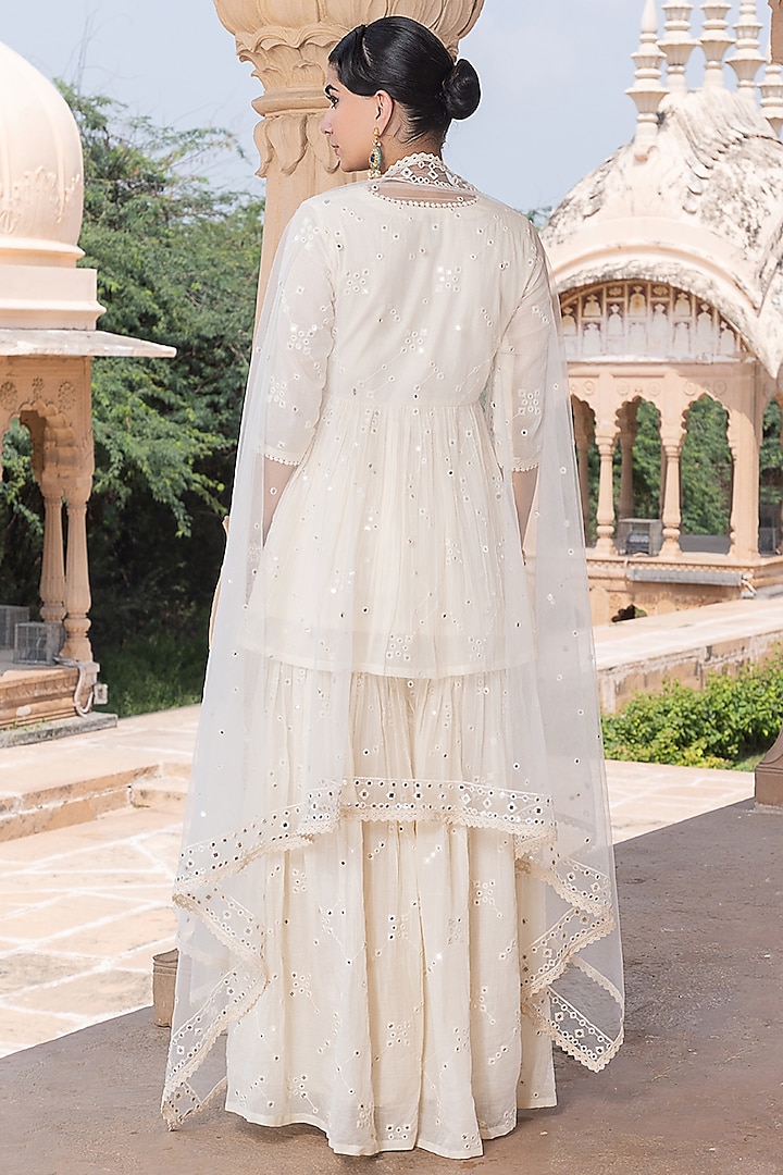 Off-White Cotton Mulmul Thread Embroidered Party Wear Sharara Set by PREEVIN at Pernia's Pop Up Shop