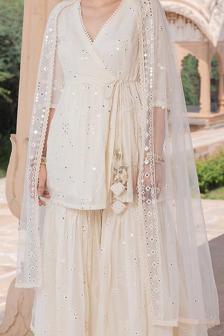 Off-White Cotton Mulmul Thread Embroidered Party Wear Sharara Set by PREEVIN at Pernia's Pop Up Shop