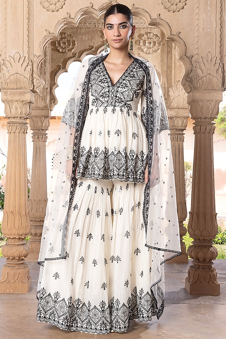 Black & White Cotton Mulmul Thread Embroidered Sharara Set by PREEVIN at Pernia's Pop Up Shop