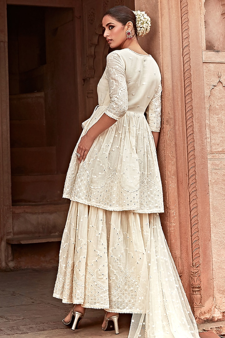 Off-White Cotton Malmal Thread Embroidered Layered Angrakha With Dupatta by PREEVIN at Pernia's Pop Up Shop