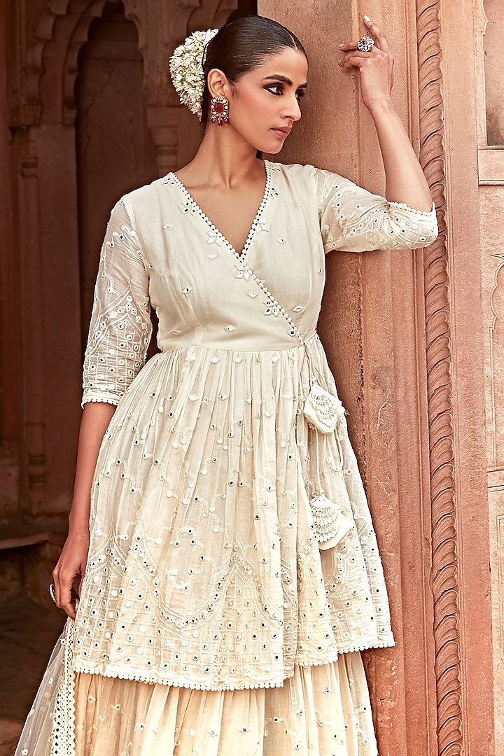 Off-White Cotton Malmal Thread Embroidered Layered Angrakha With Dupatta by PREEVIN at Pernia's Pop Up Shop