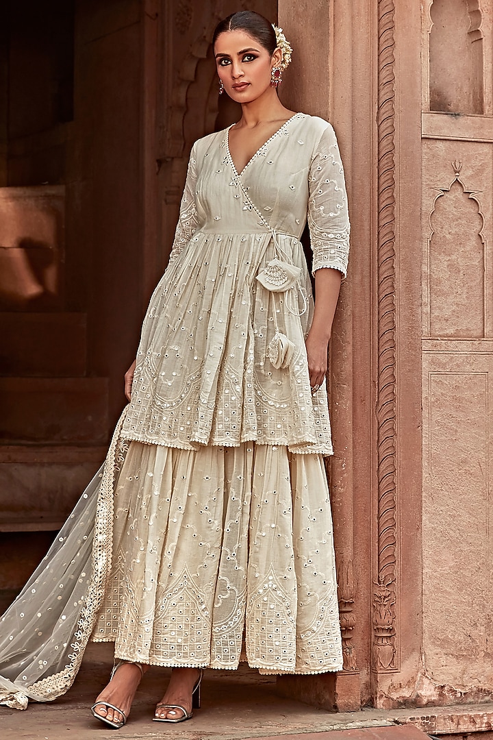 Off-White Cotton Malmal Thread Embroidered Layered Angrakha With Dupatta by PREEVIN at Pernia's Pop Up Shop