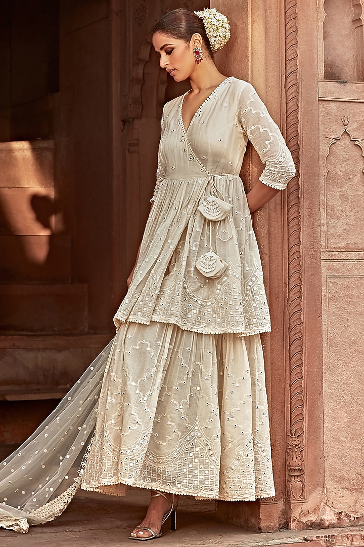 Off-White Cotton Malmal Thread Embroidered Layered Angrakha With Dupatta by PREEVIN at Pernia's Pop Up Shop