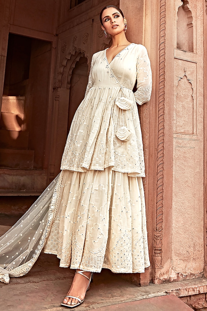 Off-White Cotton Malmal Thread Embroidered Layered Angrakha With Dupatta by PREEVIN at Pernia's Pop Up Shop