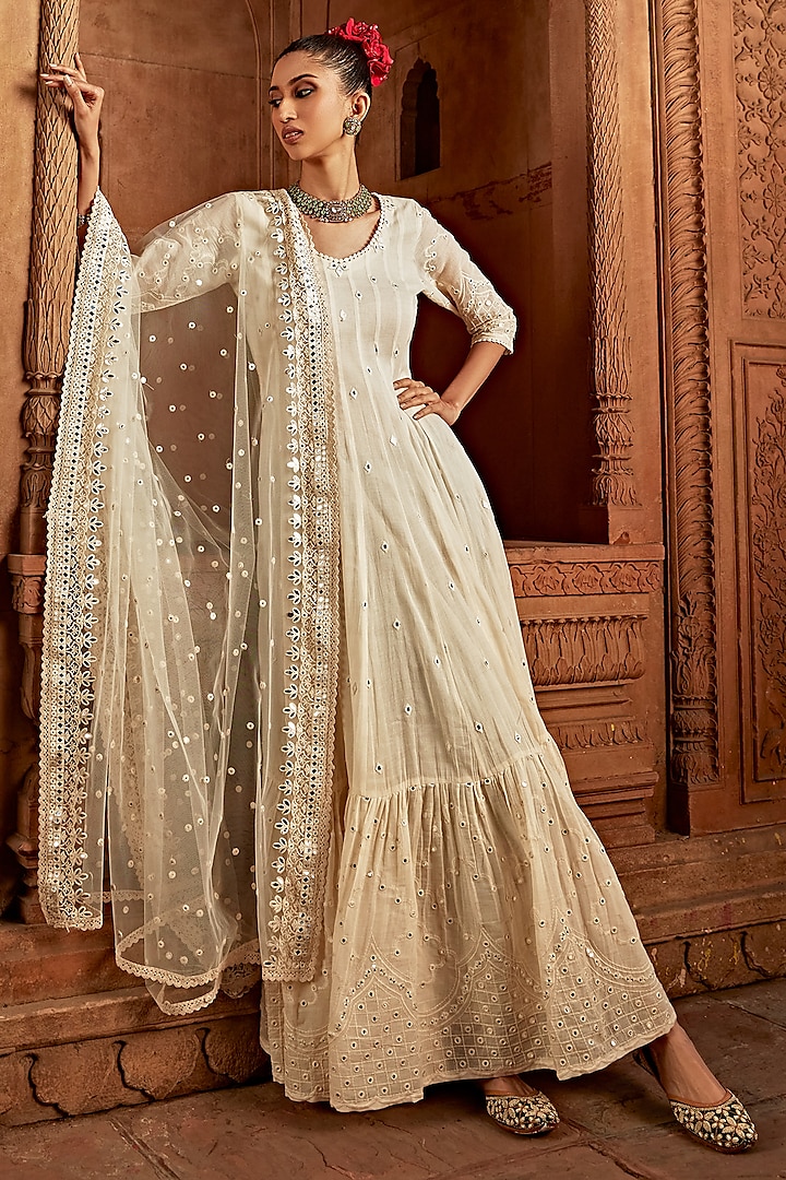 Off-White Cotton Mulmul Thread Embroidered Party Wear Anarkali With Dupatta by PREEVIN at Pernia's Pop Up Shop