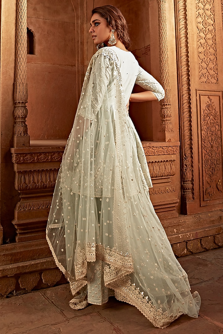 Ice-Blue Cotton Mulmul Thread Embroidered Layered Angrakha With Dupatta by PREEVIN at Pernia's Pop Up Shop