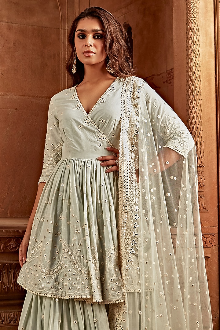 Ice-Blue Cotton Mulmul Thread Embroidered Layered Angrakha With Dupatta by PREEVIN at Pernia's Pop Up Shop