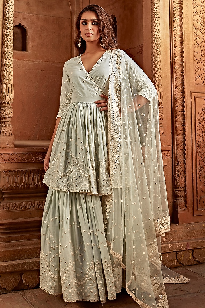 Ice-Blue Cotton Mulmul Thread Embroidered Layered Angrakha With Dupatta by PREEVIN at Pernia's Pop Up Shop