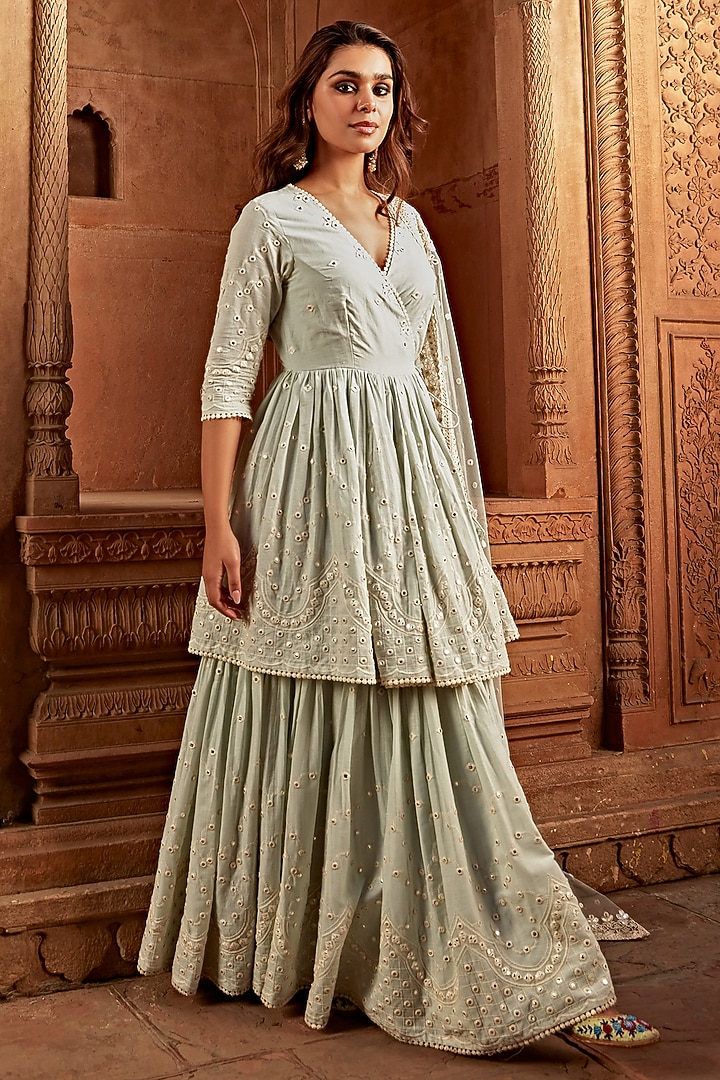 Ice-Blue Cotton Mulmul Thread Embroidered Layered Angrakha With Dupatta by PREEVIN at Pernia's Pop Up Shop