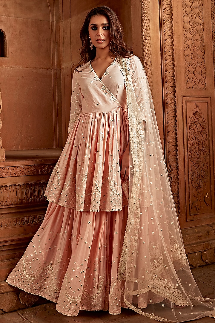 Blush Pink Cotton Mulmul Thread Embroidered Layered Angrakha With Dupatta by PREEVIN at Pernia's Pop Up Shop