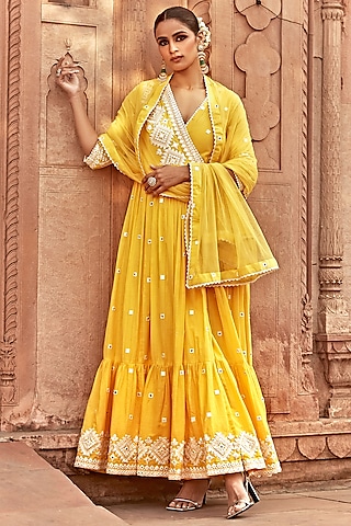 Yellow Cotton Mulmul Thread Embroidered Angrakha With Dupatta by PREEVIN