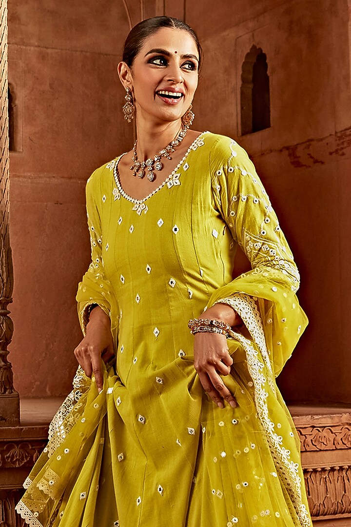 Neon Green Cotton Mulmul Thread Embroidered Party Wear Anarkali With Dupatta by PREEVIN at Pernia's Pop Up Shop