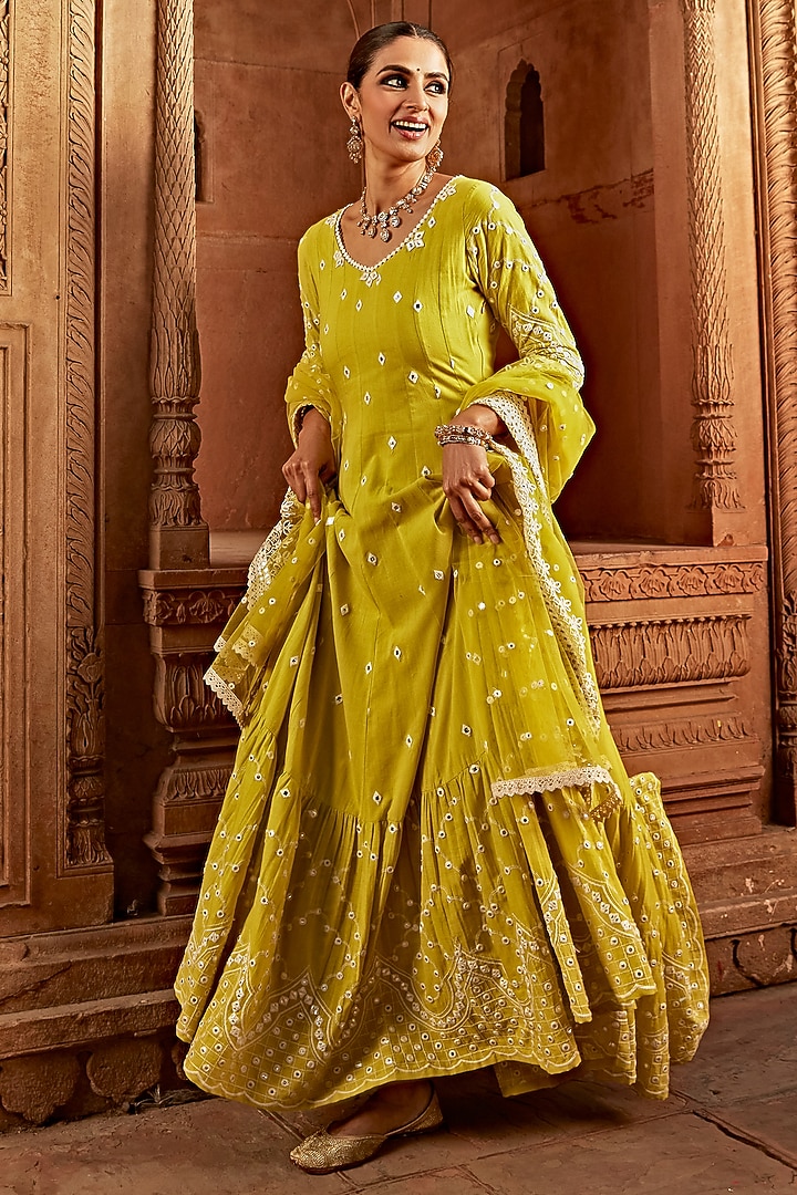 Neon Green Cotton Mulmul Thread Embroidered Party Wear Anarkali With Dupatta by PREEVIN at Pernia's Pop Up Shop